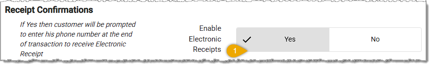 Image showing the Receipt Confirmations section of the POS Manager Checkstand Screen page in the Administration menu of the  system's back end.