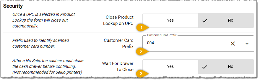 Image showing the Security section of the POS Manager Checkstand Screen page in the Administration menu of the  system's back end.
