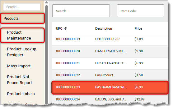 Image showing the navigation to Product Maintenance.