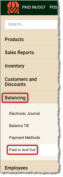 Image showing the Paid In And Out link in the Balancing menu of the  system's back end.