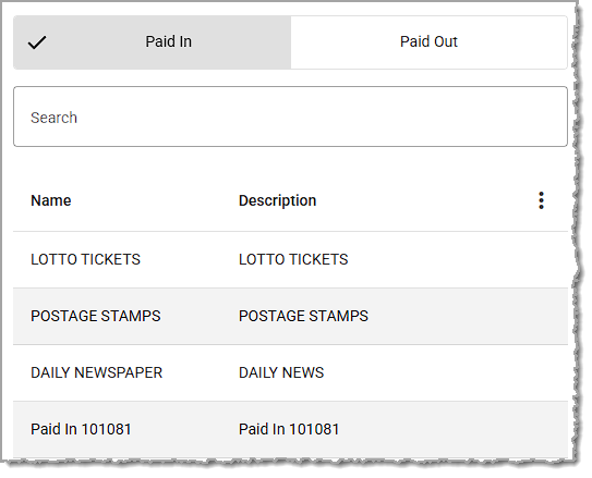 Image showing the Paid In tab of the Paid In and Out page in the Balancing menu of the  system's back end.