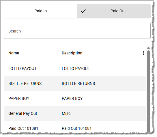 Image showing the Paid Out tab of the Paid In and Out page in the Balancing menu of the  system's back end.