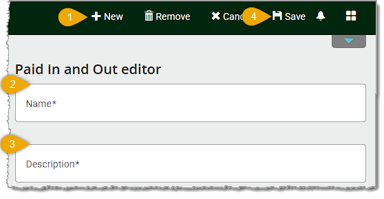 Image showing the steps to create a new Paid In or Paid Out item in the  system's back end.
