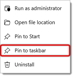 Image of the application options. Pin to Taskbar is highlighted.