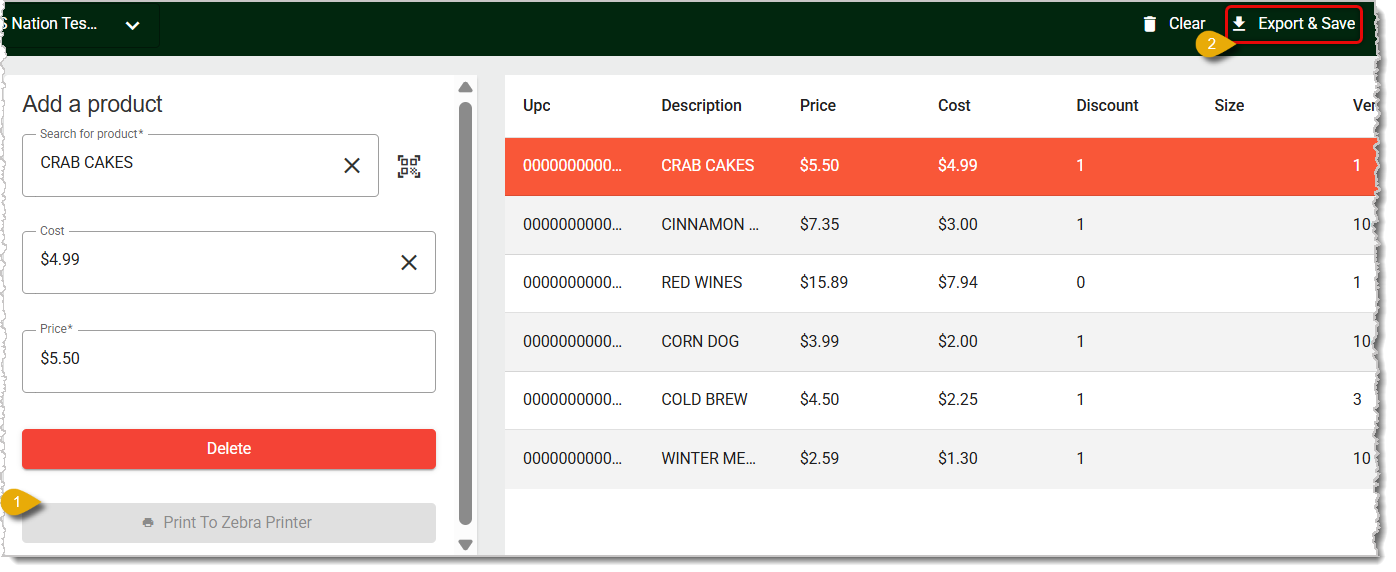 Image of the Product Label queue. The Print to Zebra Printer button and the Export and Save button are highlighted.