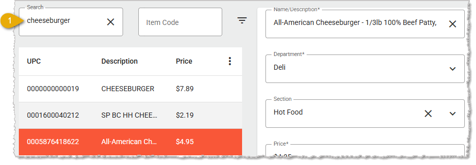 Image showing the Search area of the Product Maintenance page of the  Back End.