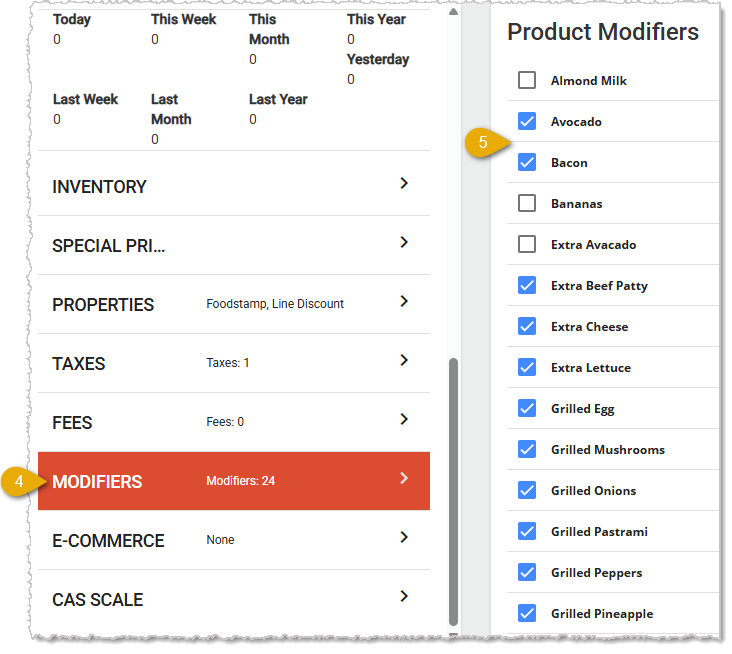 Image showing the Product Modifiers tab of the Product Maintenance page of the  Back End.