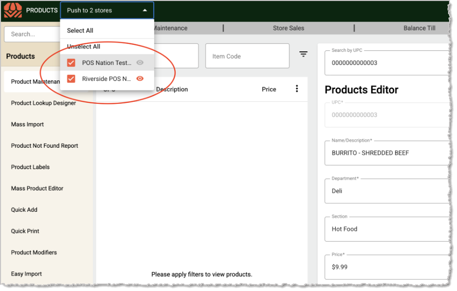 Image showing multiple-store selection at the top of the MarktPOS system.