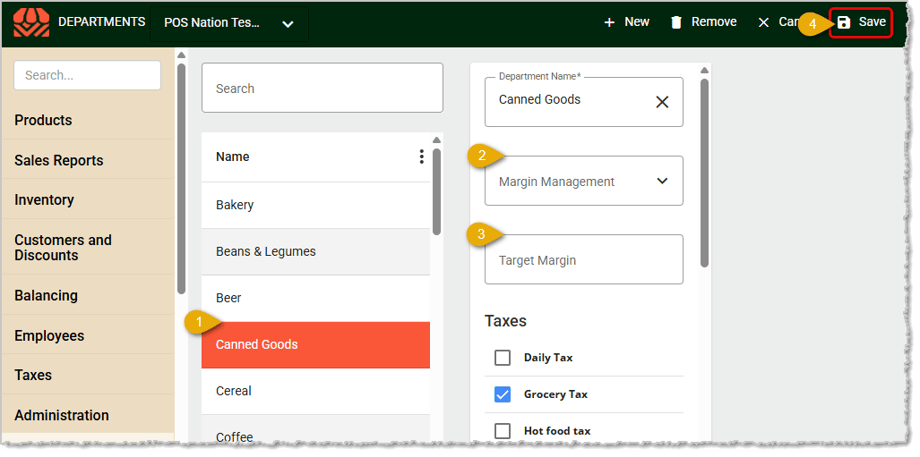 Image showing how to configure a Department for Margin Management in the system's Back End.