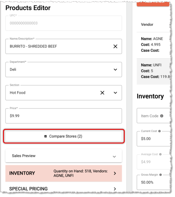 Image showing the Compare Stores button on the Product Maintenance page for a product being edited for multiple stores in the MarktPOS system.