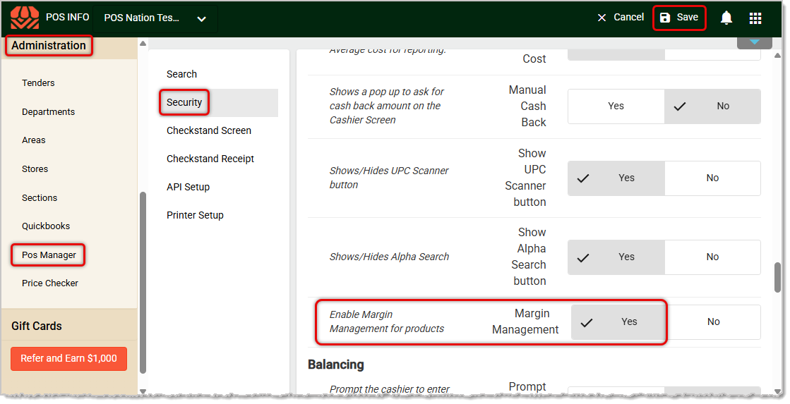 Image showing the Enable Margin Management setting in the POS Manager Security tab of the system Back End.