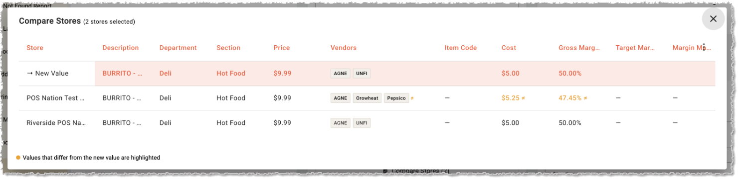 Image showing the Compare Stores window on the Product Maintenance page for a product being edited for multiple stores in the MarktPOS system.