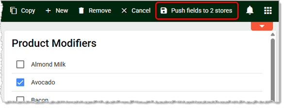Image showing the save button for pushing product changes on the Product Maintenance page to multiple selected stores in the MarktPOS system.