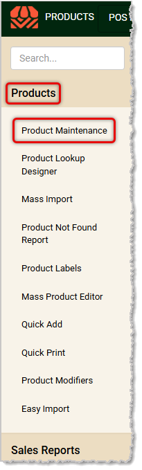 Image showing the Product Maintenance link in the Products menu of the system's Back End.