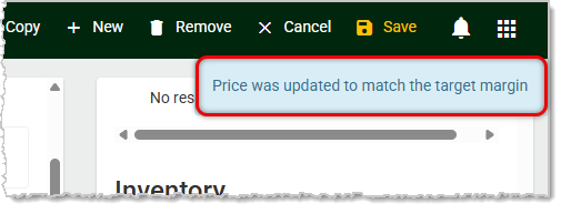 Image showing the Price Updated confirmation from the Product Maintenance page in the  system's Back End.