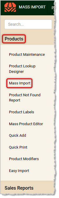 Image showing the Mass Import link in the Products menu of the system's Back End.