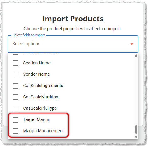 Image showing the import fields for Margin Management in the Mass Import page of the system's Back End.