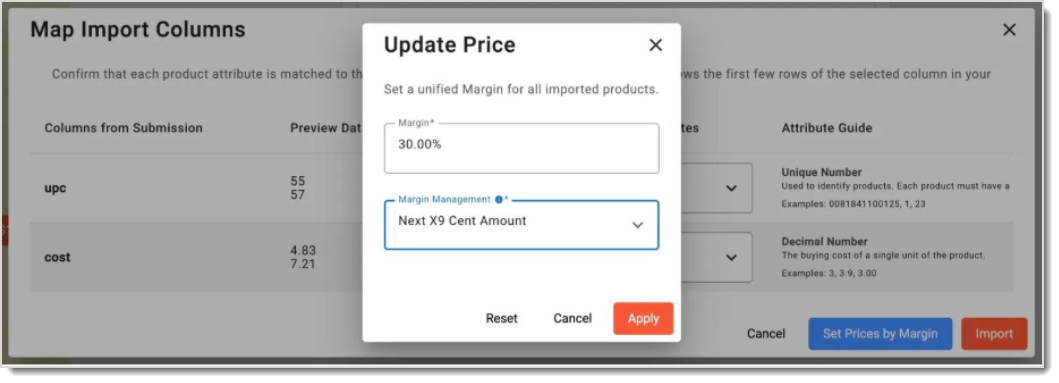 Image showing the Update Price window in the Map Import Columns step of Mass Import in the system's Back End.