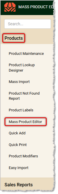 Image showing the Mass Product Editor link in the Products menu of the system's Back End.