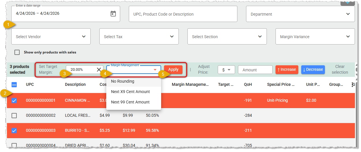Image showing the Margin Management steps in the Mass Product Editor page of the system's Back End.