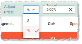 Image showing the Adjust Price mode and amount fields in the Mass Product Editor page of the system's Back End.
