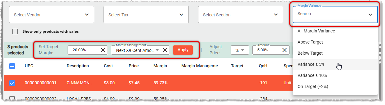Image showing how to use the Margin Variance filter to do Margin Management in the Mass Product Editor in the system's Back End.