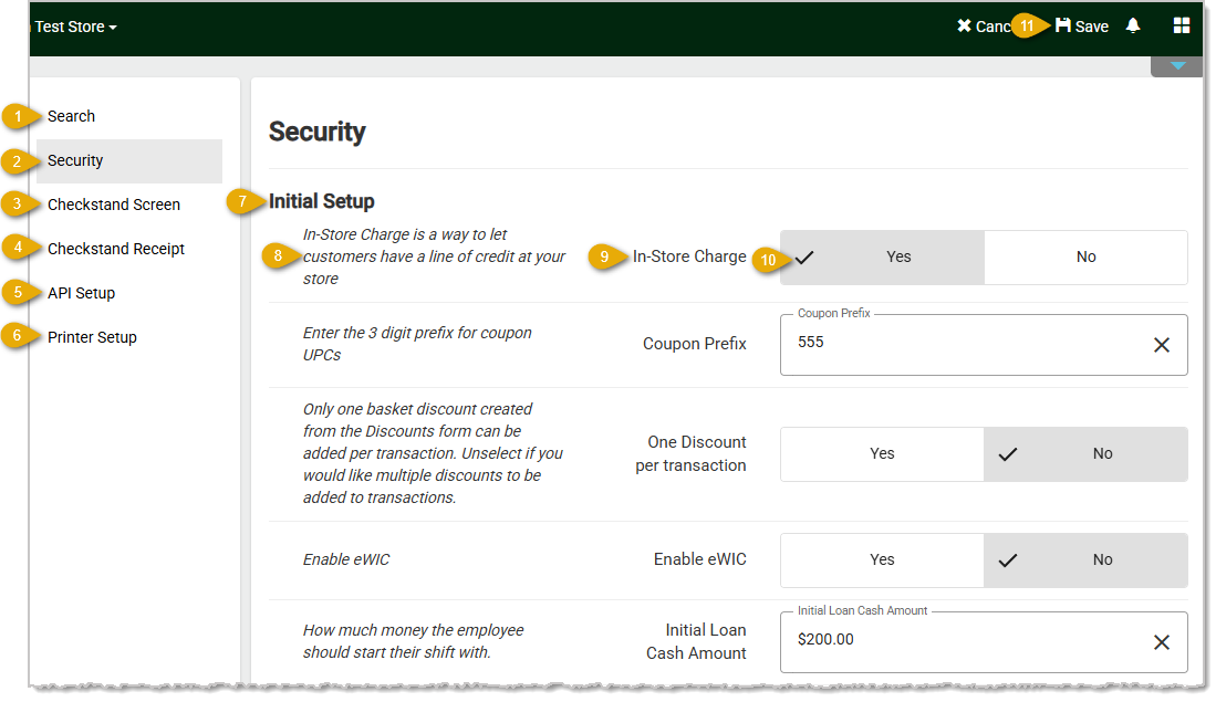 Image showing the POS Manager page functions in the Administration menu of the system's back end.
