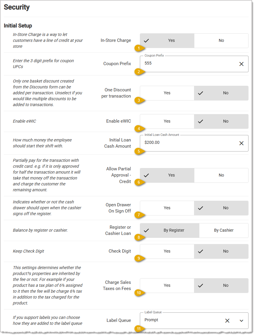 Image showing the Initial Setup section of the POS Manager page in the Administration menu of the system's back end.