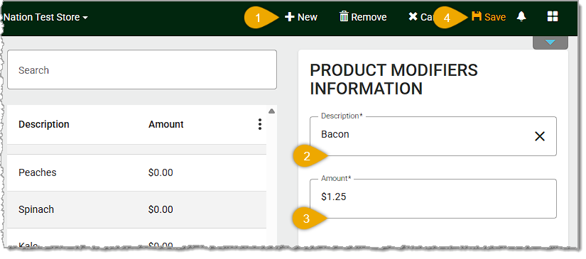 Image showing the steps to create a new Product Modifier in the Markt POS Back End.