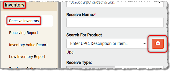 Image showing the UPC Scan button on the Receive Inventory page in the system's back end.