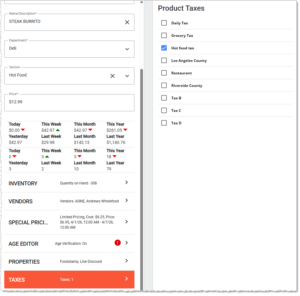 Image showing the Taxes tab and the upper functions on the Product Maintenance page of the Back End.