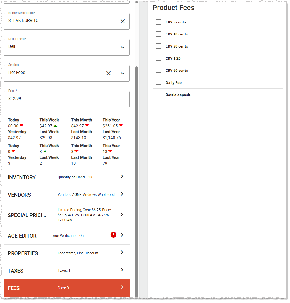 Image showing the Fees tab and the upper functions on the Product Maintenance page of the Back End.