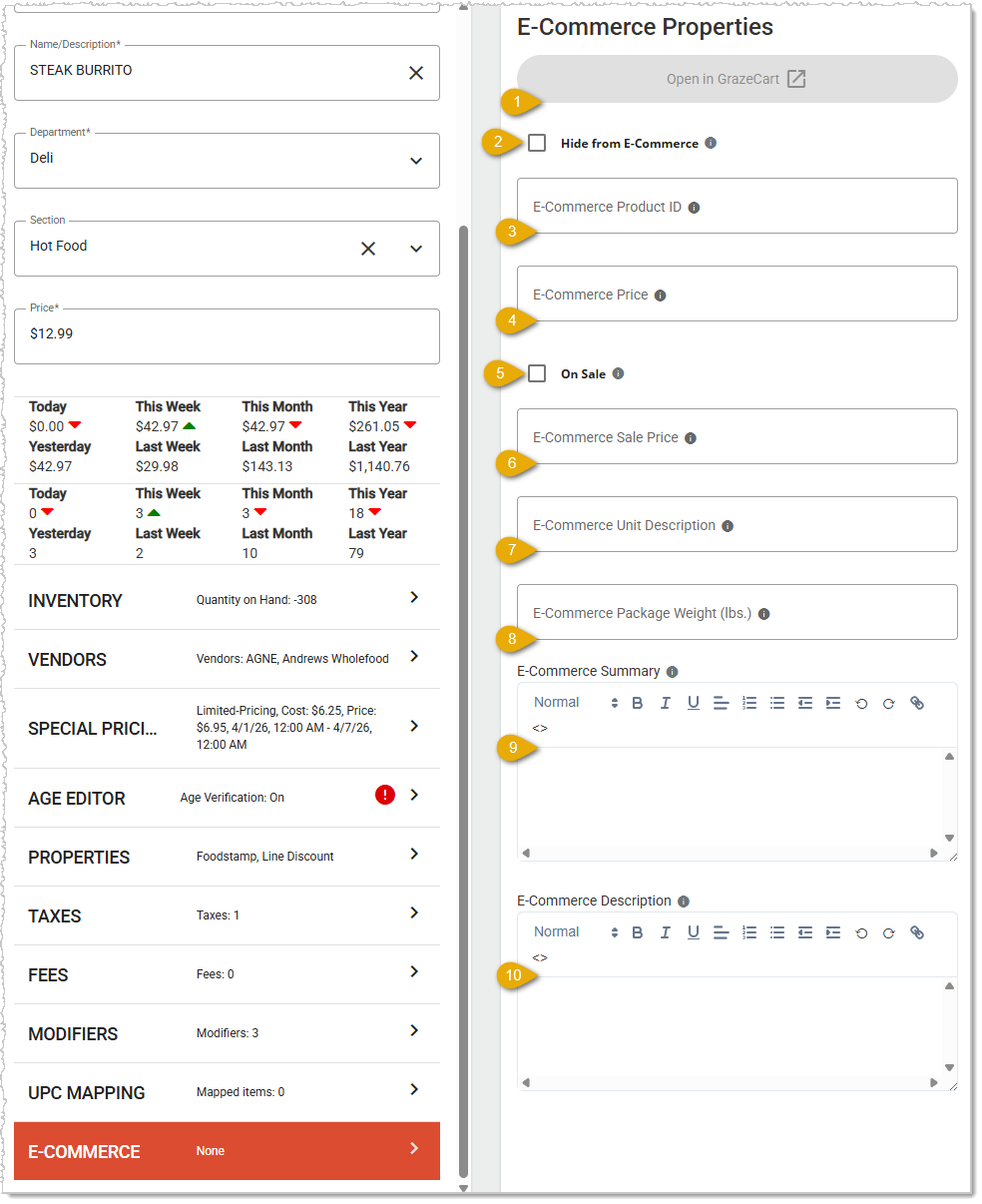 Image showing the eCommerce tab and the upper functions on the Product Maintenance page of the Back End.