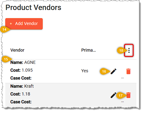 Image showing the Product Vendors section of the Properties tab from the Product Maintenance page of the Back End.