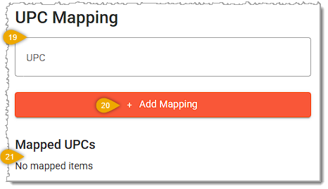 Image showing the UPC Mapping section of the Properties tab from the Product Maintenance page of the Back End.