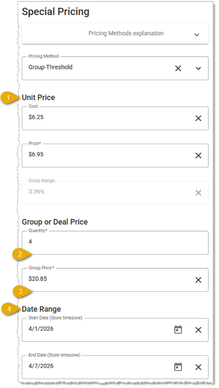 Image showing the Group Threshold method of special pricing on the Product Maintenance page of the system.