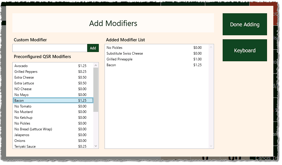 Image showing the Add Modifiers window of the Markt POS Front End.
