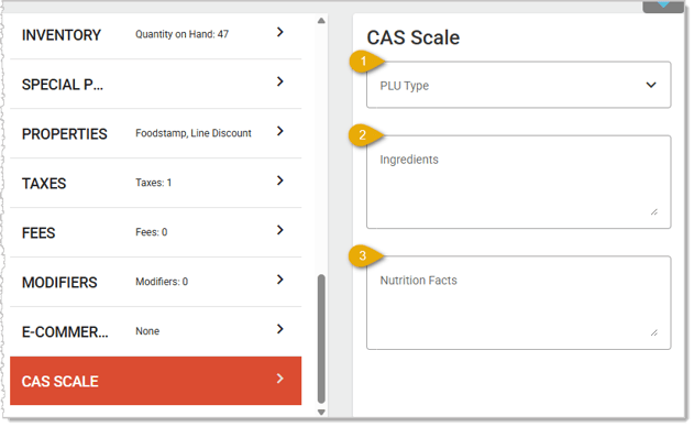 Image showing the CAS Scale tab on the Product Maintenance page of the Back End.