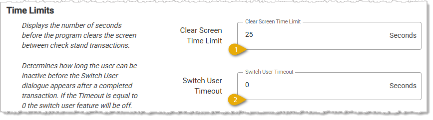 Image showing the Time Limits section of the POS Manager page in the Administration menu of the system's back end.