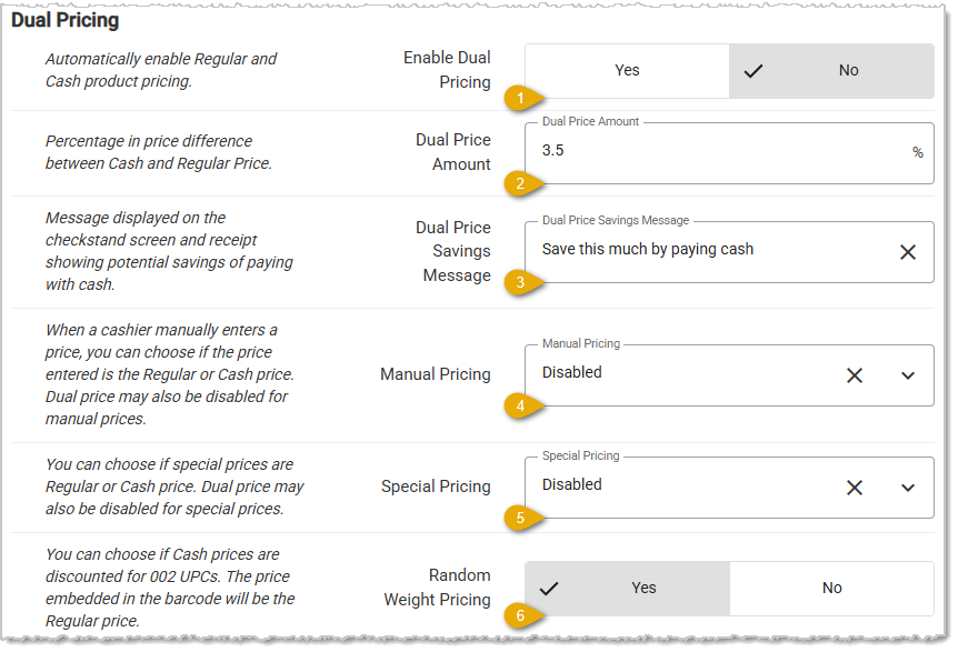 Image showing the Dual Pricing section of the POS Manager page in the Administration menu of the system's back end.