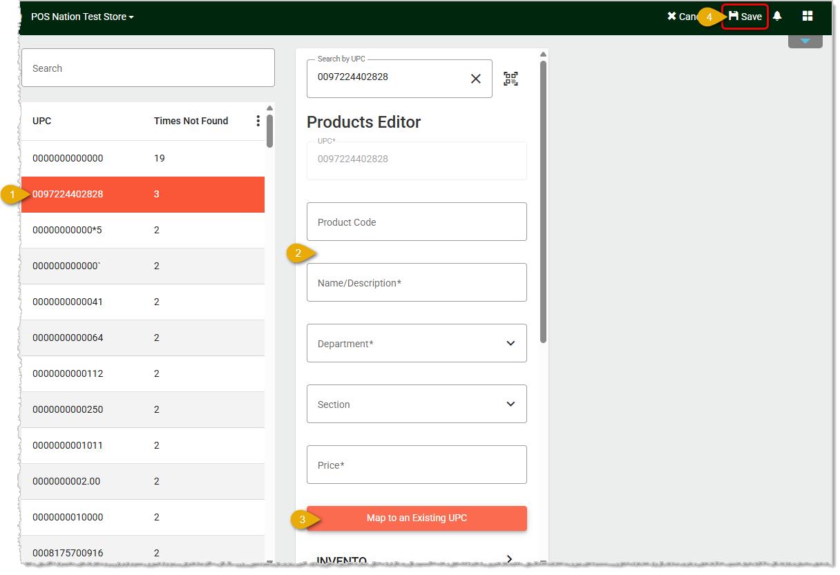 Image showing the Product Not Found Report in the  system's Back End.