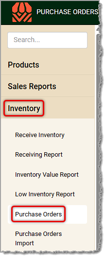 Image showing the Purchase Orders link in the Inventory menu of the  Back End.