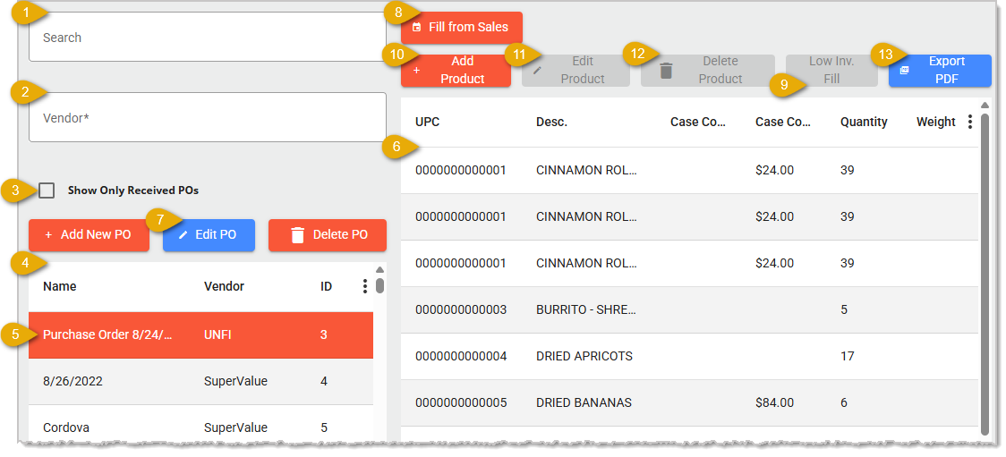 Image showing the steps to open a saved Purchase Order in the Back End of the  system.