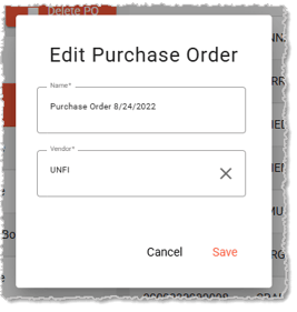 Image showing the Edit PO window from the Purchase Orders page of the Inventory menu in the  system's Back End.