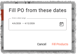 Image showing the Fill From Sales function from the Purchase Orders page of the Inventory menu in the  system's Back End.