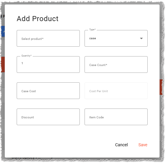 Image showing the Add Product window from the Purchase Orders page of the Inventory menu in the  system's Back End.