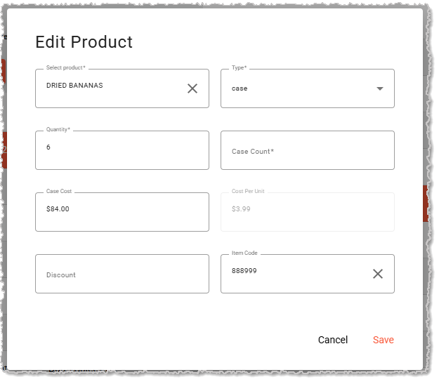 Image showing the Edit Product window from the Purchase Orders page of the Inventory menu in the  system's Back End.