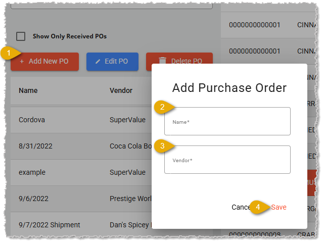 Image showing the initial steps in creating a new Purchase Order in the  back end.