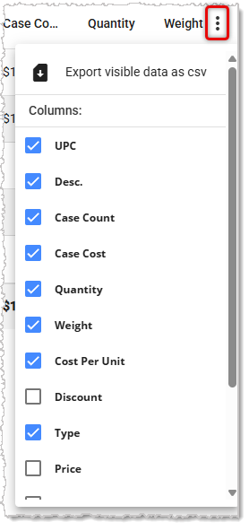Image showing the export and column data options in the Purchase Order page of the  system's back end.