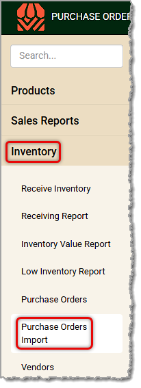 Image showing the Purchase Orders Import link in the Inventory menu of the  Back End.
